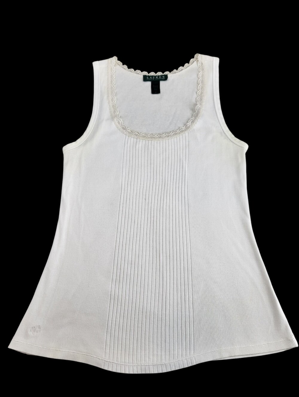 VTG Lauren Ralph Lauren White Lace Trim Ribbed Tank Top Coquette Cami Y2K Size M